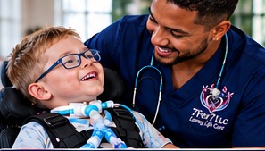 Illustrative scene of a pediatric nurse supporting a child with complex medical needs